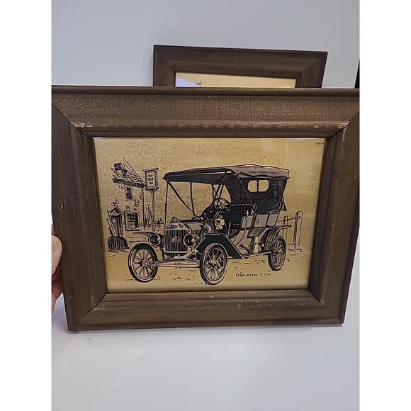Gold Colored Prints Pictures 1915 Ford Model T 1909 Rolls Royce Framed Man Cave - Picture 5 of 11